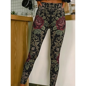 Women's Leggings Cozy Leggings Vacation Casual Full Length High Waist Graphic Rose Printing Comfort Comfortable Stretchy Casual Daily Vacation Dark-Gray Black