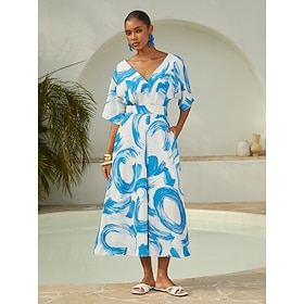 Maxikleid aus Satin mit blauem Pinselstrichmuster, lässig, für Urlaub und Reisen: retailer-supplied image