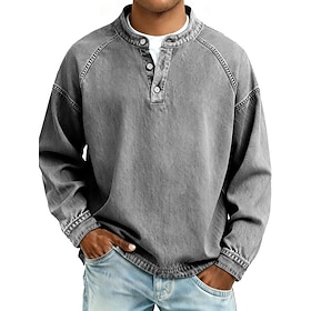 DenimTone™️Men's T Shirt Henley Shirt Cotton Acid Wash Shirt Tee Top Long Sleeve Plain Solid Vintage Streetwear Casual Washed Raglan Sleeves Stand Collar Henle