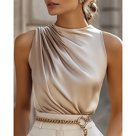 Women's Shirt Elegant Satin Satin Top Ruched Patchwork Draped Solid Color Plain Elegant Vintage Ladies Sleeveless High Neck Regular Tops Daily Work Holiday Cha
