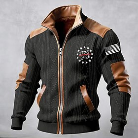 Men's Winter Coat Fleece Jacket Casual Jacket Daily Outdoor Thermal Warm Jacquard Pocket Fall Winter Flag Color Block Streetwear Daily Stand Collar Regular Bla