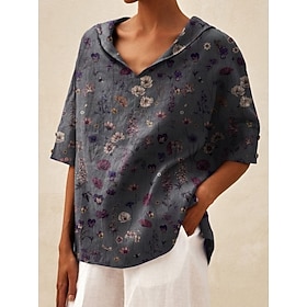 Women's Cotton Linen Shirts Solid Color Plain Elegant Bohemia Vintage Half Sleeve Hooded Crop Tops Dark gray-gold leaf flowers Flowers - Dark Light green - mor