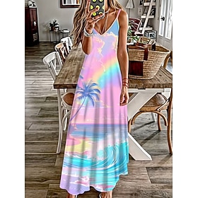 Women's Maxi Dress Sundress A Line Dress Slip Dress Vacation Casual Boho Beach Loose Fit Graphic Leaf Sleeveless V Neck Spaghetti Strap Pink Summer Spring