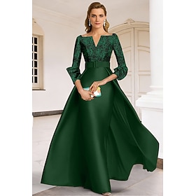 A-Line Floor Length Evening Gown Elegant Floral Mother Of The Bride 3/4 Length Sleeve V Neck Garden Party Wedding Satin Lace with Pleats