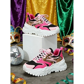 Women's Mardi Gras Rose Pink Chunky Platform Sneakers with Metallic Gold – Retro Dad Shoes for Carnival Parties, Streetwear Rave Outfits