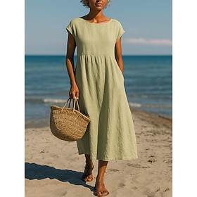 Women's Midi Dress A Line Dress Summer Dress Vacation Casual Boho Daily Loose Fit Plain Short Sleeve Crew Neck Boat Neck Light Green Beige Summer