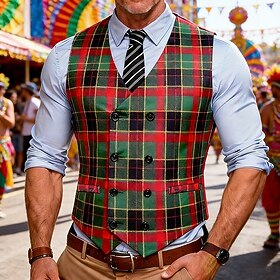 Men's Vest Waistcoat Gilet Outdoor Carnival Party Formal Fashion Streetwear Spring Fall Buttons Polyester Breathability Plaid Single Breasted V Neck Tailored F