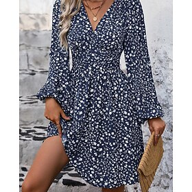 Women's Mini Dress Floral Dress Print Dress Classic Modern Daily Holiday Going out Regular Fit Plain Long Sleeve V Neck Blue Black Spring Fall