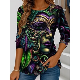 Carnival Women's T Shirt Graphic Geometric Vintage Stylish Classic Long Sleeve Crew Neck Regular Tops Daily Weekend Print Yellow Dark Green Purple Spring Fall