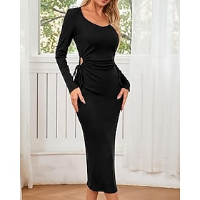 Women's long sleeve square neck waist pleat one side slit ribbed long dress