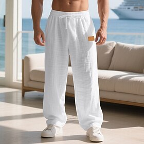 Men's Linen Pants Trousers Summer Pants Beach Pants Drawstring Elastic Waist Solid Color Comfort Breathable Daily Outdoor Beach Vacation Fashion Blue Black