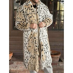 Men's Winter Jacket Faux Fur Coat Vacation Daily Thermal Warm Fleece Fall Winter Leopard Print Fashion Streetwear Lapel Long Khaki Jacket