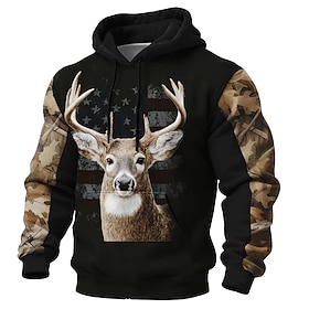 Men's Deer Hoodie Sweatshirt Ethnic Vintage Retro Hunting Long Sleeve Crew Neck Outdoor Streetwear Black Drawstring Fall Winter Designer S M L XL XXL XXXL