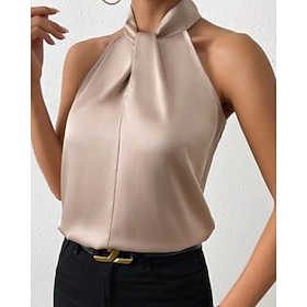 Women's Shirt Elegant Satin Satin Top Backless Plain Elegant Stylish Sleeveless Halter Neck Regular Tops Holiday Going out White Black Camel Purple Brown Summe