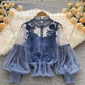 Women's Blouse Lace Patchwork Plain Vintage Stylish Long Sleeve High Neck Regular Tops Daily Going out Blue Black White Khaki Apricot Summer Spring Fall Winter