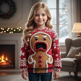 Christmas Girls' 3D Gingerbread Ugly Christmas Sweater Christmas Gift Sweater Long Sleeve 3D Print Fall Winter Fashion Party Kids 4-12 Years Crew Neck Outdoor