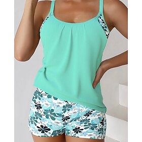 Women's Swimwear 2 Piece Shorts Swimsuit Backless Vacation Beach Wear Floral U Neck Sleeveless Bathing Suits
