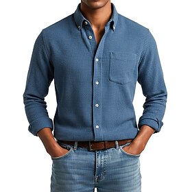 Men's Shirt Waffle Shirt Casual Shirt Band Collar Shirt Button Up Shirt Plain Textured Casual Daily Going out Long Sleeve Mandarin Collar Spring Summer Summer