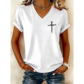 Women's T Shirt Print Graphic Letter Vintage Stylish Classic Short Sleeve V Neck Regular Tops Daily Black White Red Fall Winter