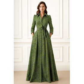 A-Line Floor Length Shirt Dress Wedding Guest Dress Formal Dresses Mother of the Bride Dress Long Sleeve Bateau Neck Elegant Formal with Lace Sash / Ribbon