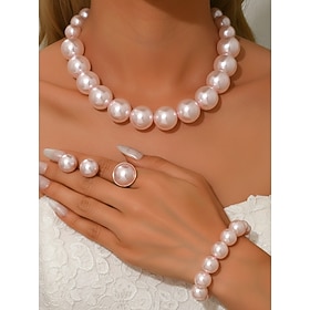 Women's Elegant Pearl Jewelry Set - Glossy Imitation Pearl Necklace, Bracelet  Statement Ring, Classic Bridal Style for Brides, Bridesmaids  Wedding Ceremonies