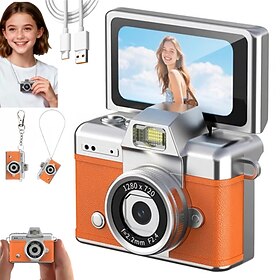 Mini Digital Camera with 1.47 in LCD Screen 1080p Mini Retro Digital Camera Keychain with Flip Screen Feel of Old 90s Photographs Keychain Size Birthday Gifts