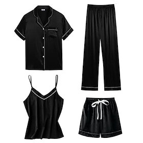 Women's Satin Sleepwear Satin Nightgown Pajamas Loungewear Warm Fashion Casual Pure Color Elastic Waist Pant Shorts Home Vacation Street Long Sleeve Shirt Coll