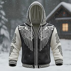 Men's Optical Illusion Wings Celtics Hoodie Jacket Sweatshirt Viking 3D Fantasy All Over Print Long Sleeve Zip Streetwear Vacation Going out Black White Zipper