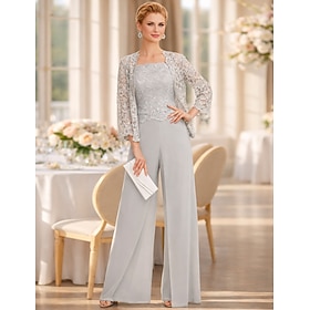 3 Piece Pantsuit Floor Length Mother of the Bride Dress Sleeveless Square Neck Elegant Plus Size Formal Wedding Guest Chiffon Lace Corded Lace Wrap Included wi