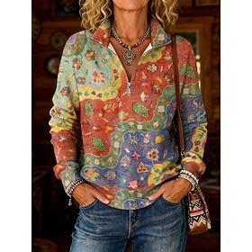 Women's Pullover Sweatshirt Zipper Floral Graphic Casual Long Sleeve Half Zip Regular Tops Casual Dailywear Holiday Yellow Red Spring Fall