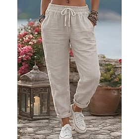 Per donna Pantaloni in cotone e lino Essenziale Lunghezza intera Misura del girovita medio Comodità Traspirabilità Inelastico Blu Grigio Nero Bianco Estate Pri