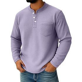 Men's Waffle Henley Shirt Tee Long Sleeve Solid Color Plain Textured Fashion Designer Casual Pocket Buttons Henley Casual Daily Outdoor Summer Spring Fall Pink