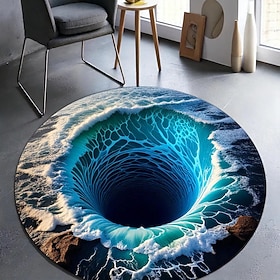 3D Optical Illusion Round Area Rug Visual Trap Floor Mat Non Slip Ocean Abyss Hole Design for Bathroom Bedroom Living Room Indoor Outdoor Diatomaceous Earth Qu