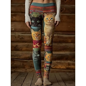 Women's Leggings Cozy Leggings Vacation Casual Full Length High Waist Graphic Cat Printing Comfort Comfortable High Elasticity Casual Daily Vacation Green Spri