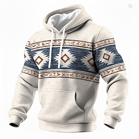 Men Southwestern Aztec Tribal Geometric Pattern Hoodie Pullover Long Sleeve Casual White Beige Hooded Sweatshirt with Pocket Clothing Apparel S M L XL XXL XXXL