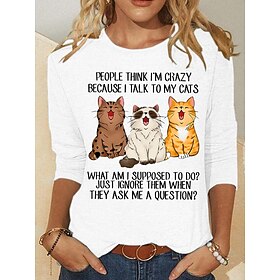 Christmas Women's T Shirt Print Graphic Animal Cat Vintage Fashion Stylish Long Sleeve Crew Neck Regular Tops Daily Weekend Blue Black White Pink Green Spring