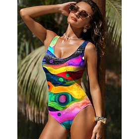 Women's One Piece Swimsuit Slimming Monokini High Cut Tummy Control High Waist Slim Backless Vacation Vintage Graphic Geometric U Neck Sleeveless Bathing Suits