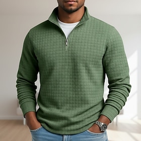 Homme Hommes T-shirt gaufré T-shirt T-shirt avec fermeture éclair 1/4 manche longue Col montant Zip Up Automne Hiver Automne Hiver Couleur Unie À carreaux Tri
