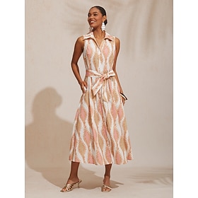 A Line Maxi Dress Shirt Collar Belted Pocket Vacation: retailer-supplied image