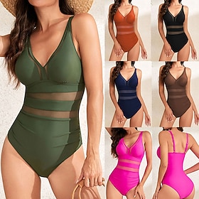 Women's Bathing Suit Swimsuits One Pieces Solid Colored V Neck Tummy Control Elastic Sleeveless Swimwear Surfing Beach Vacation Summer