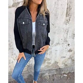 Women's Casual Jacket Denim Jacket Warm Comfortable Zipper Pocket Retro Casual Color Block Vacation Home Daily Wear Going out Regular Stand Collar Regular Fit