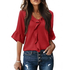 Women's Shirt Elegant Satin Satin Top Ruched Ruffle Patchwork Plain Elegant Vintage Daily Long Sleeve V Neck Regular Tops Daily Work Holiday White Black Red Gr