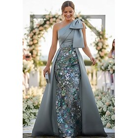A-Line Sheath Column Floor Length Beaded Eembroidered Wedding Guest Dress Formal Dresses Mother of the Bride Dress Sleeveless One Shoulder Elegant Vintage Luxu