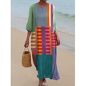Women's Maxi Dress Shift Dress Summer Dress Vacation Casual Boho Daily Beach Holiday Loose Fit Graphic Geometric 3/4 Length Sleeve Crew Neck Blue Summer Spring
