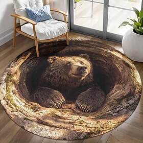 3D Optical Illusion Area Rug Visual Trap Floor Mat Non Slip Brown Bear Cave Design for Entryway Bathroom Bedroom Living Room Indoor Outdoor Diatomaceous Earth