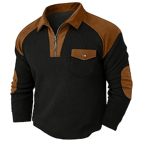 Men's Waffle Tee Waffle Henley Shirt Long Sleeve Standing Collar Fall Spring Fall Fall Winter Solid Color Fashion Casual Drawstring Pockets Patchwork Casual