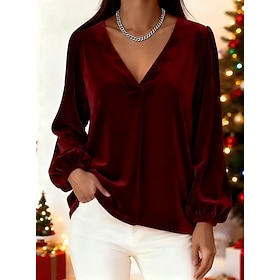 New Year Women's Velvet Solid Color Stylish Basic Long Sleeve V Neck Regular Tops Evening Party Wedding Guest Party Evening Wear Blue Wine Purple Green Fall Wi