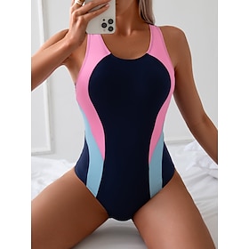 Women's One Piece Swimsuit Slimming Colorblock Monokini Tummy Control High Waist Slim Backless Vacation Beach Wear Color Block U Neck Sleeveless Bathing Suits