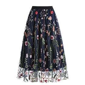Women's Vintage Fashion Midi High Waist Skirts Floral Patchwork Embroidered Print Inelastic Street Date Blue Apricot White Red Summer