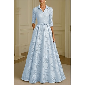 A-Line Floor Length Shirt Dress Formal Dresses Evening Gown Mother of the Bride Dress Long Sleeve Shirt Collar Elegant Vintage Formal Satin Jacquard with Bow(s